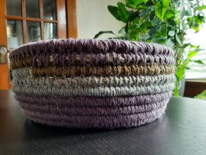 Crochet basket mauves khaki greys