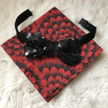 Load image into Gallery viewer, Black Sequin Bow Tie with Dark Red Floral Pocket Square
