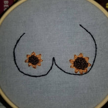 Load image into Gallery viewer, Hand embroidered sunflowers and large boobs art hoop
