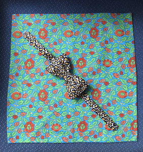 Leopard Print Bow Tie and Orange/Teal Floral Print Pocket Square