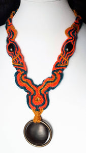Macrame necklace coral teal yellow wood