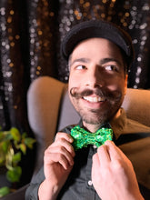 Load image into Gallery viewer, Green Sequin Bow Tie with Adventure Time Pocket Square

