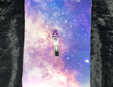Load image into Gallery viewer, A hitachi magic wand earring with ace pride colors (black, grey, white, and purple) and bright white highlights on a pink-and-blue nebula and black crushed velvet background.
