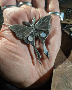 Silver moonstone Luna moth pendant necklace