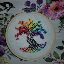 Load image into Gallery viewer, CUSTOMIZABLE!! Hand embroidered tree with rainbow flag colours in leaves. Customize to your pride flag!!
