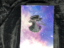 Load image into Gallery viewer, ace pride flag (black, gray, white, purple) plague doctor with white and gray outlines against a pink-and-blue nebula and black crushed velvet background

