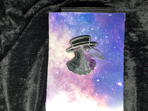 ace pride flag (black, gray, white, purple) plague doctor with white and gray outlines against a pink-and-blue nebula and black crushed velvet background