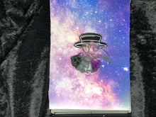 Load image into Gallery viewer, ace pride flag (black, gray, white, purple) plague doctor with white and gray outlines against a pink-and-blue nebula and black crushed velvet background
