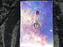 Load image into Gallery viewer, ace pride flag (black, gray, white, purple) spiked baseball bat earring with bright white outlines against a pink-and-blue nebula and black crushed velvet background
