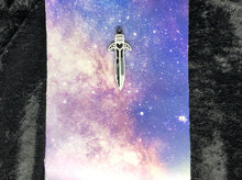 Load image into Gallery viewer, ace pride flag (black, gray, white, purple) short sword earring with bright white outlines against a pink-and-blue nebula and black crushed velvet background
