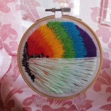 Load image into Gallery viewer, Dont be afraid to make waves. Hand embroidered landscape art hoop with a rainbow and lake and trees for LGBTQ pride month

