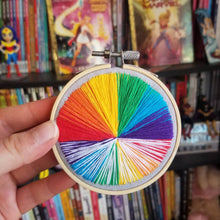 Load image into Gallery viewer, Hand embroidered rainbow landscape art hoop for LGBTQ pride month
