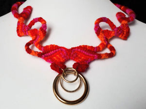 Macrame necklace pink orange multicolour rings