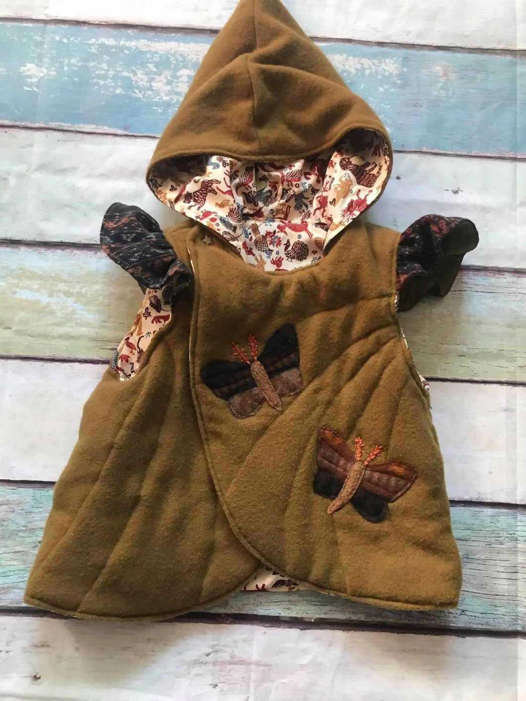 quilted wool pixie vest with moths, size 5