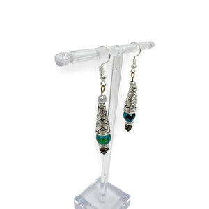 Blue Glass Beads with Silver Cap Earrings