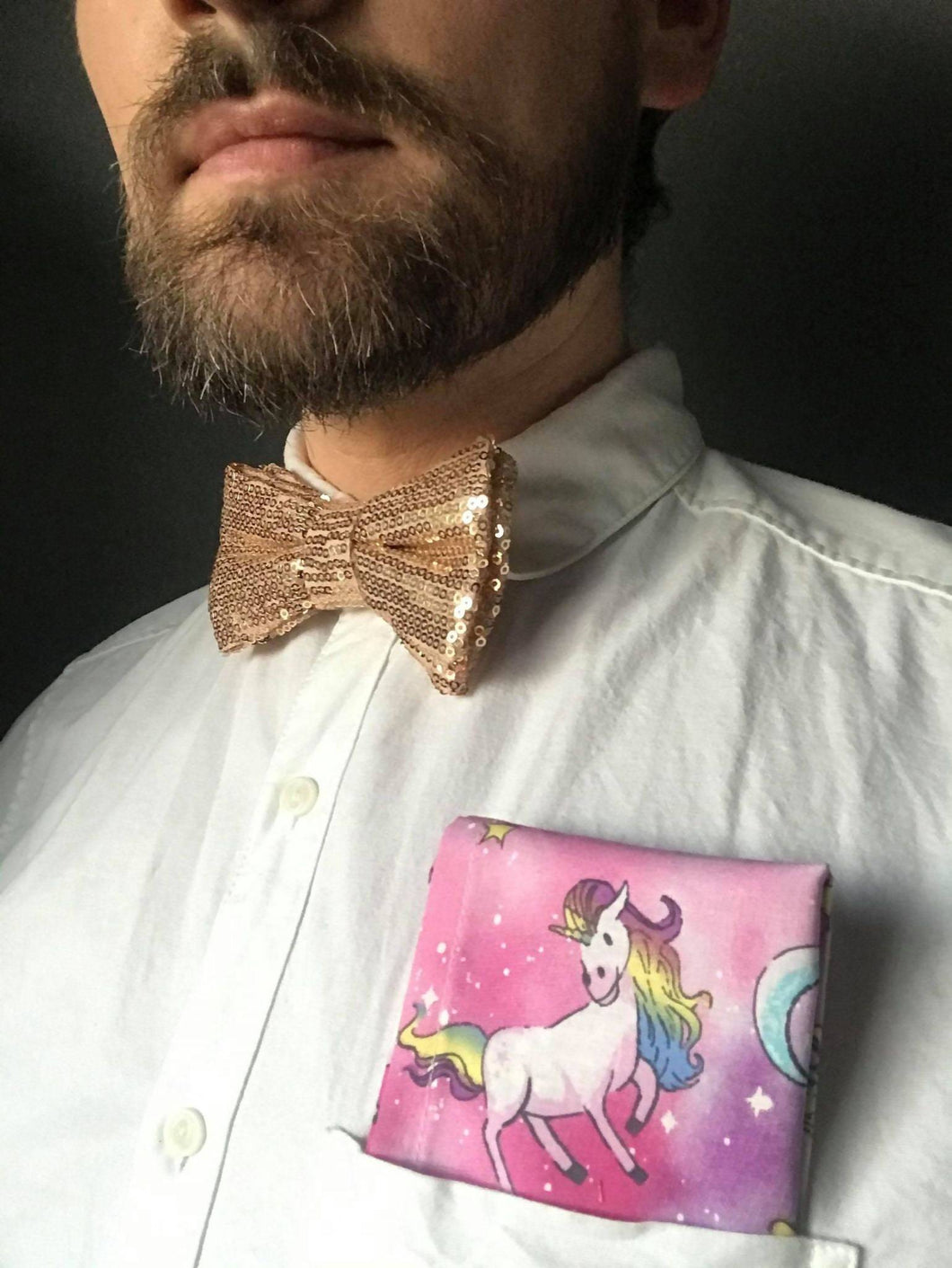 Gold Sequin Bow Tie with Unicorn Print Pocket Square