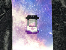 Load image into Gallery viewer, ace pride flag (black, gray, white, purple) guillotine earring with a silver blade against a pink-and-blue nebula and black crushed velvet background
