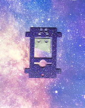 Load image into Gallery viewer, sparkly purple guillotine earring with a silver blade against a pink-and-blue nebula and black crushed velvet background
