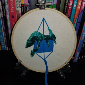 Hand embroidered succulent art hoop (blue/green)