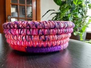 Crochet basket clear purple pinks multicolour
