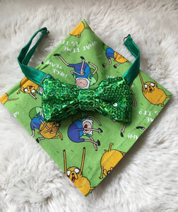 Green Sequin Bow Tie with Adventure Time Pocket Square