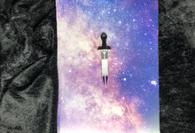 Load image into Gallery viewer, ace pride flag (black, gray, white, purple) long sword earring with bright white outlines against a pink-and-blue nebula and black crushed velvet background
