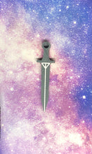 Load image into Gallery viewer, light gray long sword earring with bright white outlines against a pink-and-blue nebula
