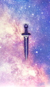 sparkly purple long sword earring with bright white outlines against a pink-and-blue nebula