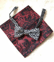 Load image into Gallery viewer, Black and Grey Leopard Bow Tie with Red Lace Print Pocket Square

