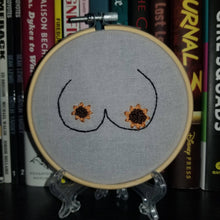 Load image into Gallery viewer, Hand embroidered sunflowers and large boobs art hoop

