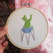 Load image into Gallery viewer, Hand embroidered succulent art hoop with bunny ear cactus in purple or green as a gift
