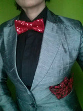 Load image into Gallery viewer, Red Sequin Bow Tie with Floral Pocket Square
