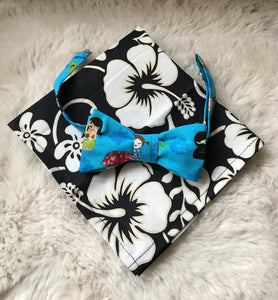 Kawaii Print Bow Tie with Hawaiian Print Pocket Square