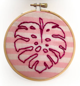 Hand Embroidery Monstera pink stripe