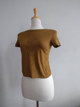Load image into Gallery viewer, upcycled screen printed one of a kind mustard crop top, ‘oneline bust’ — small

