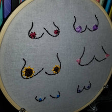 Load image into Gallery viewer, Hand embroidered flowers and boobs art hoop
