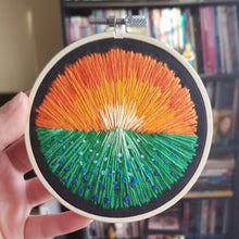 Load image into Gallery viewer, Landscape embroidery with flowers and a sunrise
