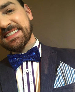 Blue Sequin Bow Tie with Checked Pocket Square
