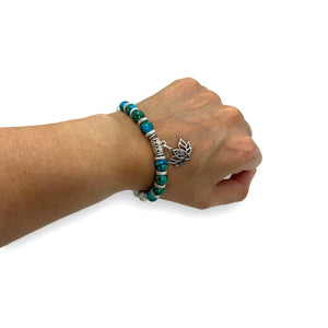 Howlite and Blue Green Glass Beads with Silver Om Charm Mala Bracelet