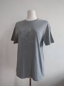 upcycled screen printed one of a kind grey tee, ‘hands’— medium