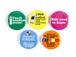 Teach Condom Sense: Pro-Sex Ed Feminist Pinback Buttons or Strong Ceramic Magnets