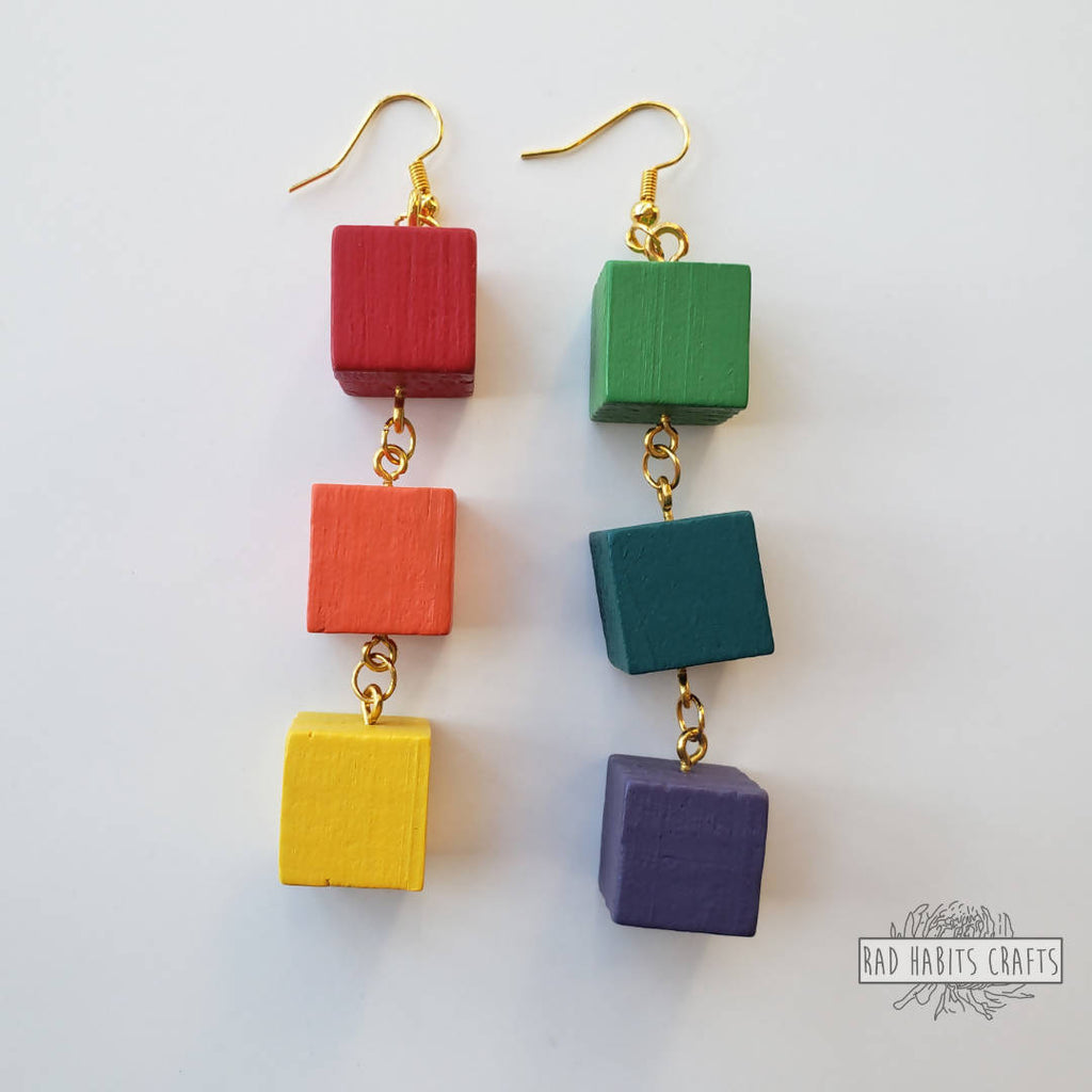 Asymmetrical Rainbow Cube Earrings